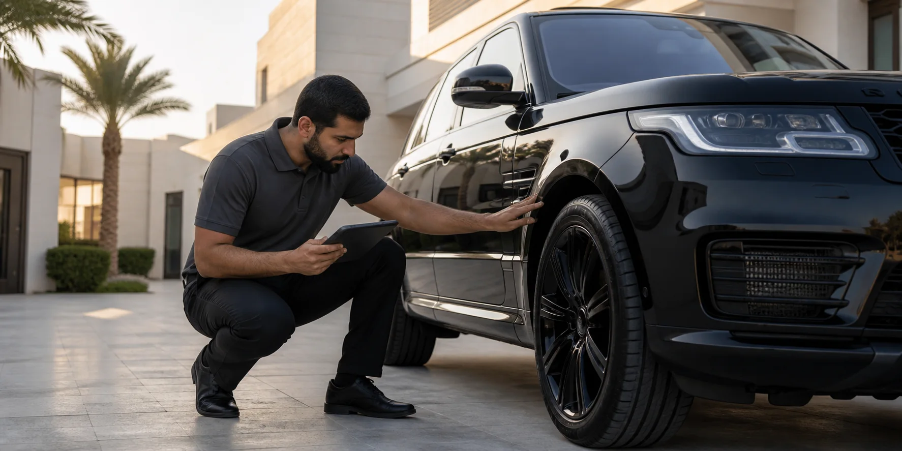 مندوب يفحص سيارة فاخرة في موقع العميل